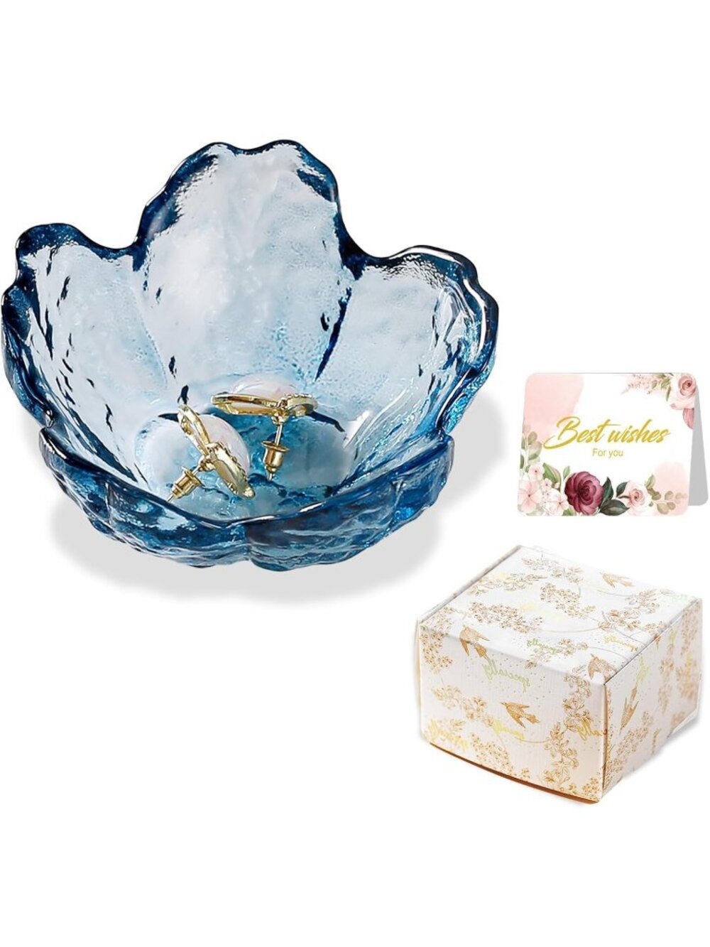 Blue Flower Glass Ring Dish Jewelry Tray Ring Holder